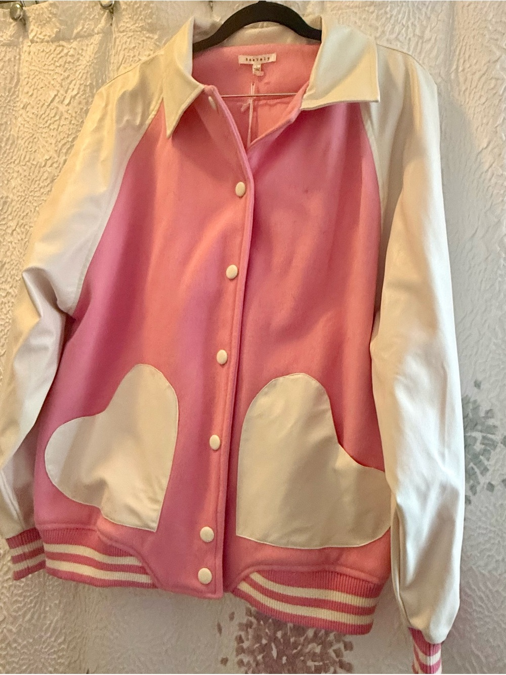 NWT Baevely Pink Varsity Heart Pocket Jacket Elle Woods Reboot Sz XL